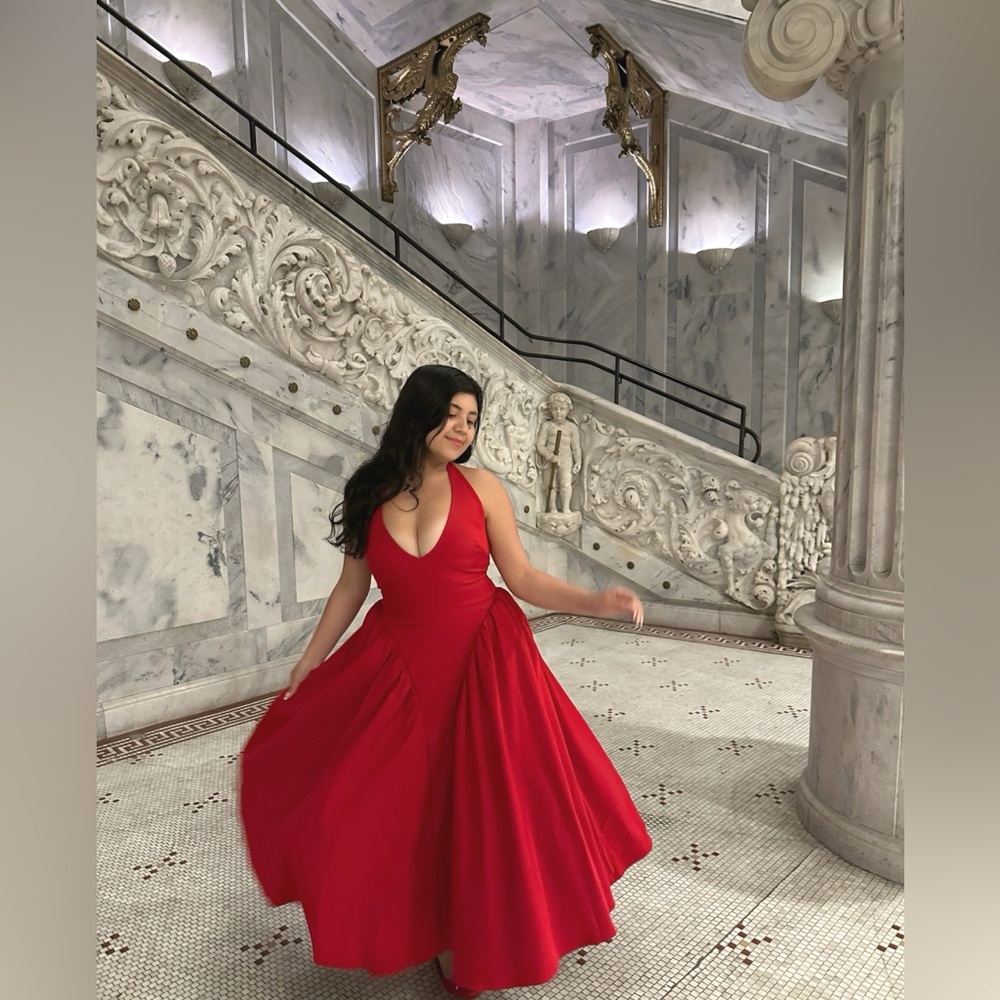 MARILYN Red Twirl Halter Midi Dress HCB